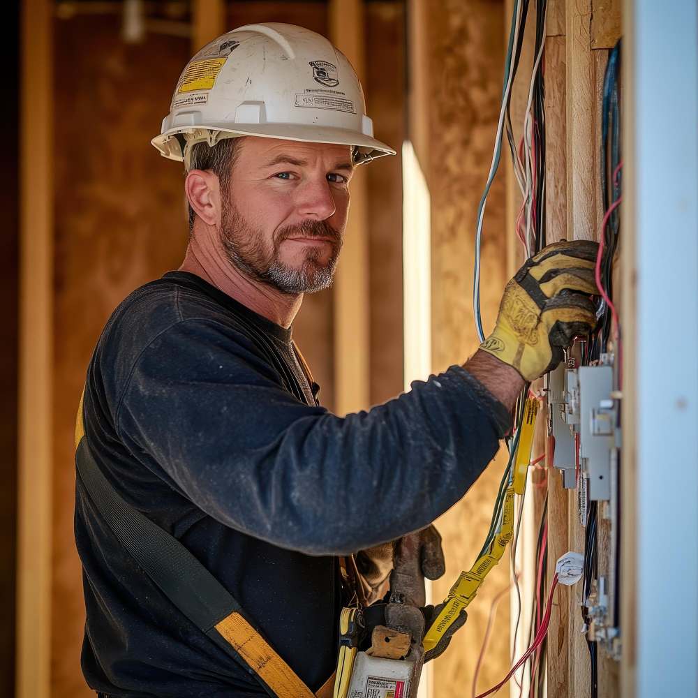 Electrician working on a consumer unit and wiring on site